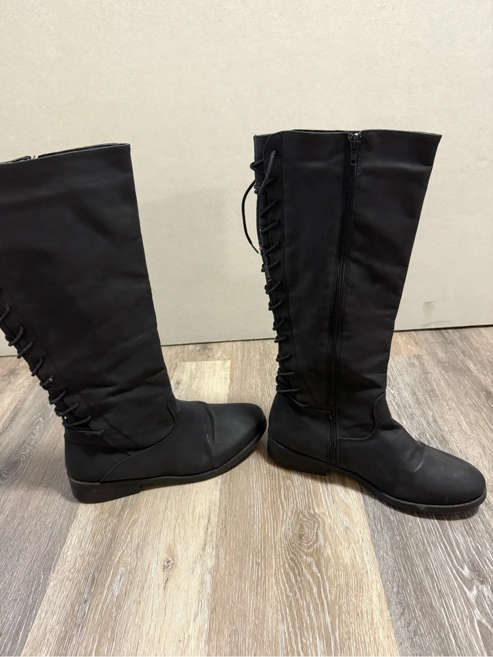 Black Faux Lace-Up Knee-High Boots